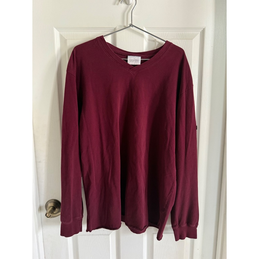 Calvin Klein Mens Burgundy V-Neck Long Sleeve Cotton Shirt Size Large Maroon